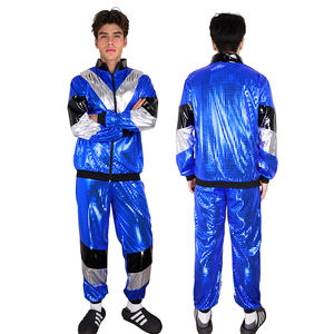 メンズ80年代ディスコ衣装ハロウィーンレトロダンスウェア2ピースジャケットパンツカーニバル服装シャイニーブルーメンズパーティーディスココスチュームセット - Product Image 2