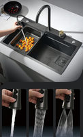 Évier de cuisine design moderne fait à la main, multifonctionnel, à une cuvette, rectangulaire, en acier inoxydable, cascade de pluie volante