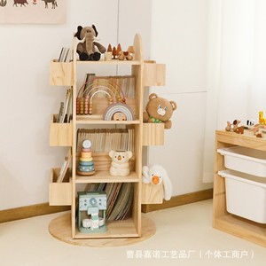 Childrens Rotating Bookshelf <b>Solid</b> <b>Wood</b> Multi Tier Floor Standing Storage Cabinet For Kids Room Toy And Book Organizer - Product Image 3