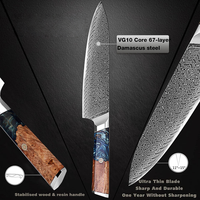 Couteau de chef Damas de 8 pouces, manche en bois de résine, acier au carbone japonais VG-10, ambidextre, passe au lave-vaisselle, couteau de cuisine