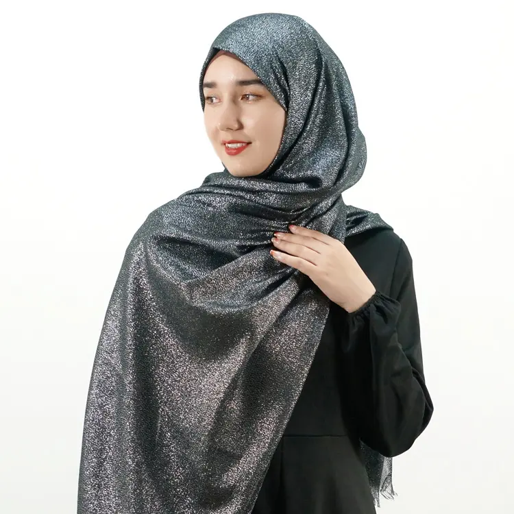 Wholesale ethnic shimmer luxury 100% polyester glitter hijab tassel satin silk scarf colorful shawl for muslim women fashion