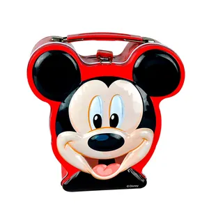 Kotak timah Mickey Mouse bentuk kartun, kotak pegangan anak, kotak kaleng