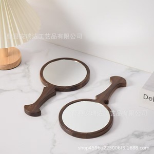 Miroir de maquillage portable en bois, rond, avec poignée en bois massif en forme de queue de poisson, 13x15cm, pour usage quotidien - Product Image 3