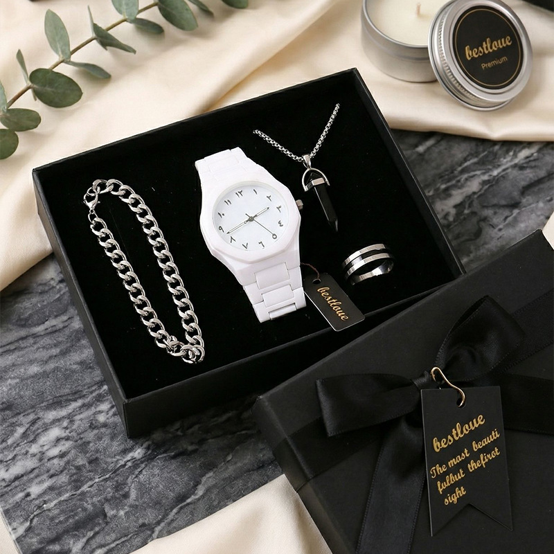 White 5 piece set-watch necklace bracelet ring gift box