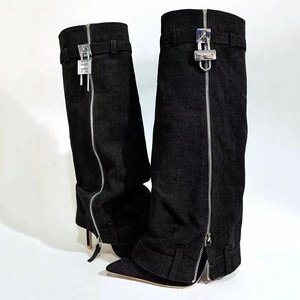 Denim Metallic Lock Shark <b>Boots</b> Cowgirls Zipper Thin Heels Knee High Booties Women Pointed Toe Runway Party Shoes for Lady - Product Image 2