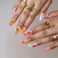 Ongles à presser en acrylique 3D motif papillon et fleur, dégradé orange-rose, décorations coquillage doré, étoile de mer, strass et perles, forme amande, collection été