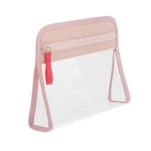 Custom Nylon TPU Durable Lady Transparent Makeup Bag Clear Carry Pvc Wash Bag Clutches Pouch Cases with Vegan Leather Trim