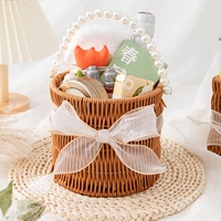 Panier en osier pour demoiselle d'honneur, panier de rangement en rotin tressé avec poignées en perles, pour fleurs artificielles, cadeaux, mariage, maison, jardin
