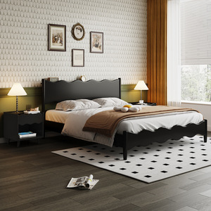 Cama Doble Negra de Madera Maciza de Estilo Nórdico de 1.8 m, Cama Moderna Minimalista con Diseño de Ondas, Cama Matrimonial, Cama de Boda, Muebles Retro - Product Image 1