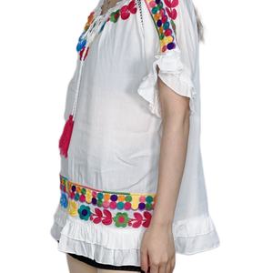 Chemisier blanc ample en coton et lin à manches courtes brodé de fleurs pour femme - Collection été OEM - Product Image 3