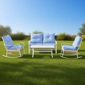 Ensemble de meubles de patio D0100XF359T, 4 pièces, bleu clair, chaises à bascule en aluminium, canapé deux places, table basse, coussins, style moderne pour l'extérieur - Product Image 2