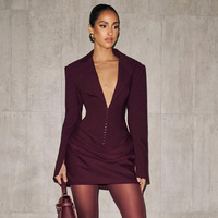 Robe Courte Élégante de Soirée Printemps-Automne 2026 à Col Revers et Manches Longues, Décolleté Plongeant Sexy, Style Blazer
