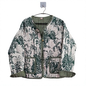 Women's <b>Reversible</b> Cotton Quilted Jacket Hand Block Print Indigo <b>Coat</b> with Short Style Women's <b>Coat</b> - Product Image 1