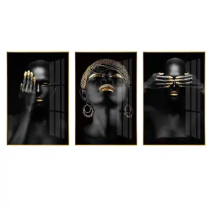Hot Sale Modern African Wall Art 3-Panel Black Canvas Painting with Abstract Portrait Subjects Custom Size for Decor