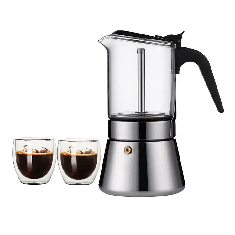 Premium Crystal Glass-Top Stovetop Espresso Moka Pot Glass Stainless Steel Italian Espresso Coffee Maker