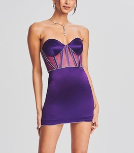Mini vestido de fiesta Bodycon Sexy Vintage <span class=keywords><strong>violeta</strong></span> para mujer, corsé Espagueti de satén tejido, decoración de cristal brillante, diseño transparente - Product Image 3