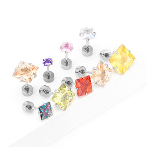 Anting-anting zircon persegi baja tahan karat 304, tersedia berbagai warna, mode lintas batas Eropa-Amerika, untuk tulang rawan telinga. - Product Image 2