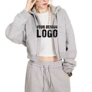 Sweat à capuche pour femme avec logo personnalisé, couleur unie vintage, fermeture éclair, mode décontractée, épaules tombantes, ample, épais, style « spicy girl », sweat à capuche court - Product Image 5