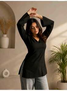 Kurti Corto Negro de Algodón con Cuello en V para Mujer, Manga Larga, Diseño Sólido Informal Étnico para Uso Diario - Product Image 3