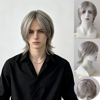 Perruque synthétique complète style coréen pour homme, argentée, coupe mulet queue de loup, cheveux courts, naturelle, réaliste, volumineuse, 150 % de densité