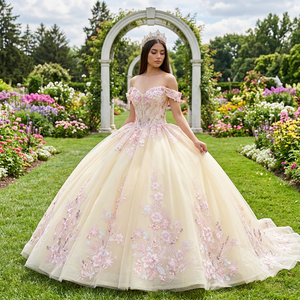 Dy5961 Champagne Quinceanera Dress Ball Gown Sweetheart Lace Appliques 3D <b>Flowers</b> <b>Sweet</b> 16 Natural Anti-static Chiffon for - Product Image 1