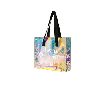 Venta al por mayor reutilizable personalizado PVC transparente bolsa de asas para las mujeres compras holográfica Pvc bolso bolsas de papel de regalo