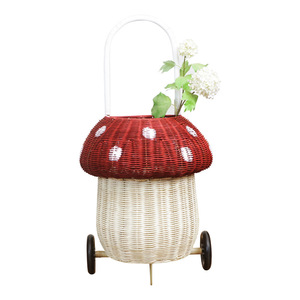 Mainan anak-anak mobil tarik tangan alami anyaman rotan boneka jamur keranjang penyimpanan anak-anak luar ruangan troli serut - Product Image 5