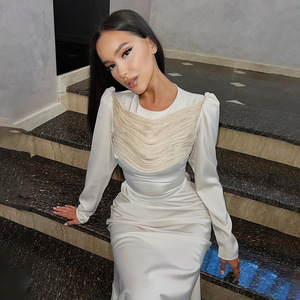 Elegante Vestido de Noche de Manga Larga para Mujer, Cuello Redondo, Fruncido, Largo hasta el Suelo, Cintura Natural, Origen Yiwu - Product Image 1