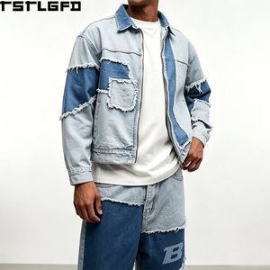 Veste en jean coupe boxy coupée et cousue, épaisse, avec empiècements patchwork, coutures apparentes, délavage clair, style streetwear, vêtement d'extérieur, vente en gros - Product Image 2