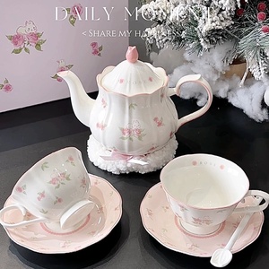 French Romantic Pink Porcelain Cup and Saucer with <b>Teapot</b> Gift Box Set Vintage Rose Rabbit Coffee Afternoon Tea Eco-Friendly - Product Image 5