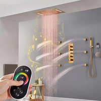 Système de douche à musique à LED de grande taille Mitigeur de douche thermostatique encastré Ensemble de douche à effet pluie Système de robinet doré