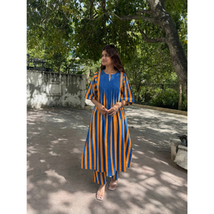 Ensemble coordonné anti-adhérent rayé bleu et orange pour femmes |   Ensemble décontracté deux pièces - Product Image 5