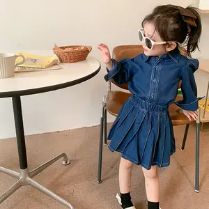 2023 New Sweet Solid Denim Suit Kids Clothing 100 To 140cm Long Puff Sleeve Pleated Skirt 2Pcs Set Children Fall Clothes