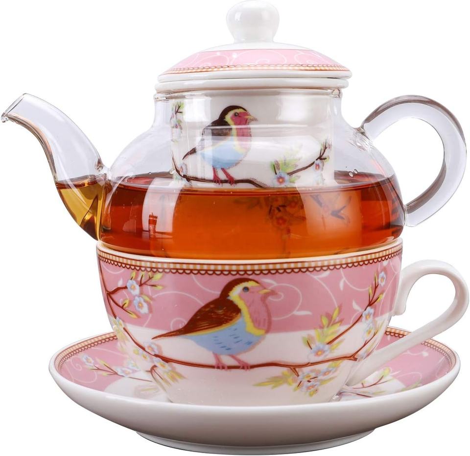 400ml Robin Birds and Flowers Tea for One Set Blue Pink Ceramic Tea Cup ...
