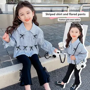春季新款韩版娃娃圆领女童服装套装蝴蝶结条纹衬衫婴儿服装喇叭裤两件套童装