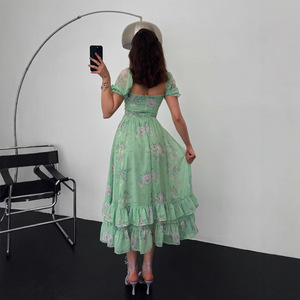 Robe de soirée pour femme en mousseline de soie à imprimé floral de style français, col carré, taille empire, plusieurs couches, respirante, printemps-automne - Product Image 4