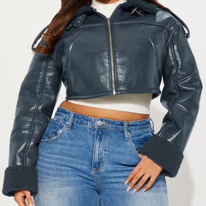Chaqueta de Motociclista Corta de Cuero Sintético para Mujer, con Cuello de Piel Sintética, Cierre de Cremallera, Manga Regular, Chaqueta de Aviador para Invierno - Product Image 3
