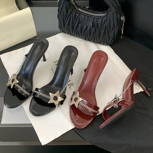 Zapatos de Tacón Alto con Decoración de Estrella Metálica para Mujer, Sandalias de Vestir con Punta Abierta y Cadena, Tipo Mules con una Sola Tira - Product Image 6