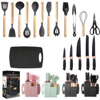 Nouvel Ensemble Manjia Économique de 19 Ustensiles de Cuisine en Silicone avec Manche en Bois, Planche à Découper et Seau de Rangement