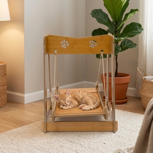 Hamac pour chat en MDF avec placage en bois, assemblage sans outil (K/D), avec corde en chanvre - Product Image 1