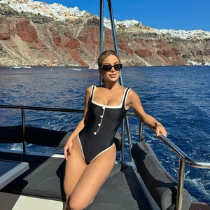 Traje de Baño de Una Pieza para Mujer, Negro y Blanco en Contraste, Cuello Cuadrado, Tirantes Anchos, Control de Abdomen, Venta al por Mayor, Ropa de Playa OEM - Product Image 3