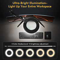 Ultra Long 5X Magnifying Glass with Light and Clamp, 5 Color Modes Steepless Dimming Desk Lamp, Swivel Arm Hands Free Magnifier