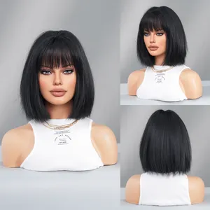 Yaki Short Straight Wig With Bangs 12in Short Natural Black Bob Wig Synthetic Natural Hair 150% Density Staight Layered Wig For
