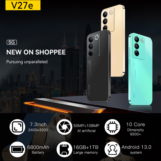 V27e Android 13 Dual SIM Card 5G Smart Mobile Phone 7.3-inch HD Screen 6800mAh Battery 16GB+1TB Storage 108MP Rear Camera