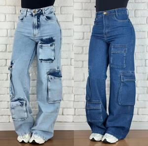 Jean évasé décontracté pour <span class=keywords><strong>femme</strong></span> 2026, respirant, délavé, style rétro, multi-poches, coupe large, pour l'hiver - Product Image 4