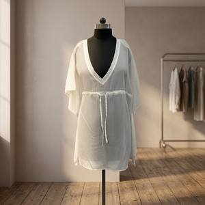 <b>White</b> <b>Chiffon</b> Deep V Neck Loose Batwing Sleeve Mini Dress With Drawstring Waist Casual Summer Style - Product Image 2