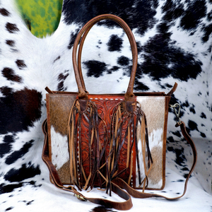 Sac fourre-tout en cuir de vachette western avec franges, sac à main vintage fait main pour femmes, style bohème ranch. - Product Image 1