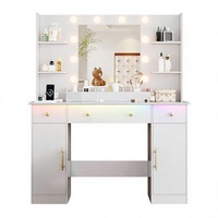 Coiffeuse moderne en bois avec miroir et éclairage d'ambiance RGB, 5 tiroirs, prise électrique intégrée, pour chambre et salon