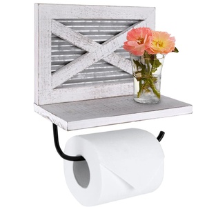 Portarotolo da parete in legno bianco stile rustico con mensola per salviette <span class=keywords><strong>e</strong></span> decorazioni bagno - Product Image 1