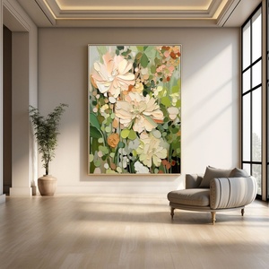 Pintura al Óleo Abstracta Minimalista con Flores, Arte en Lienzo Enmarcado Hecho a Mano para Decoración de Hogares Costeros y Hoteles - Product Image 3